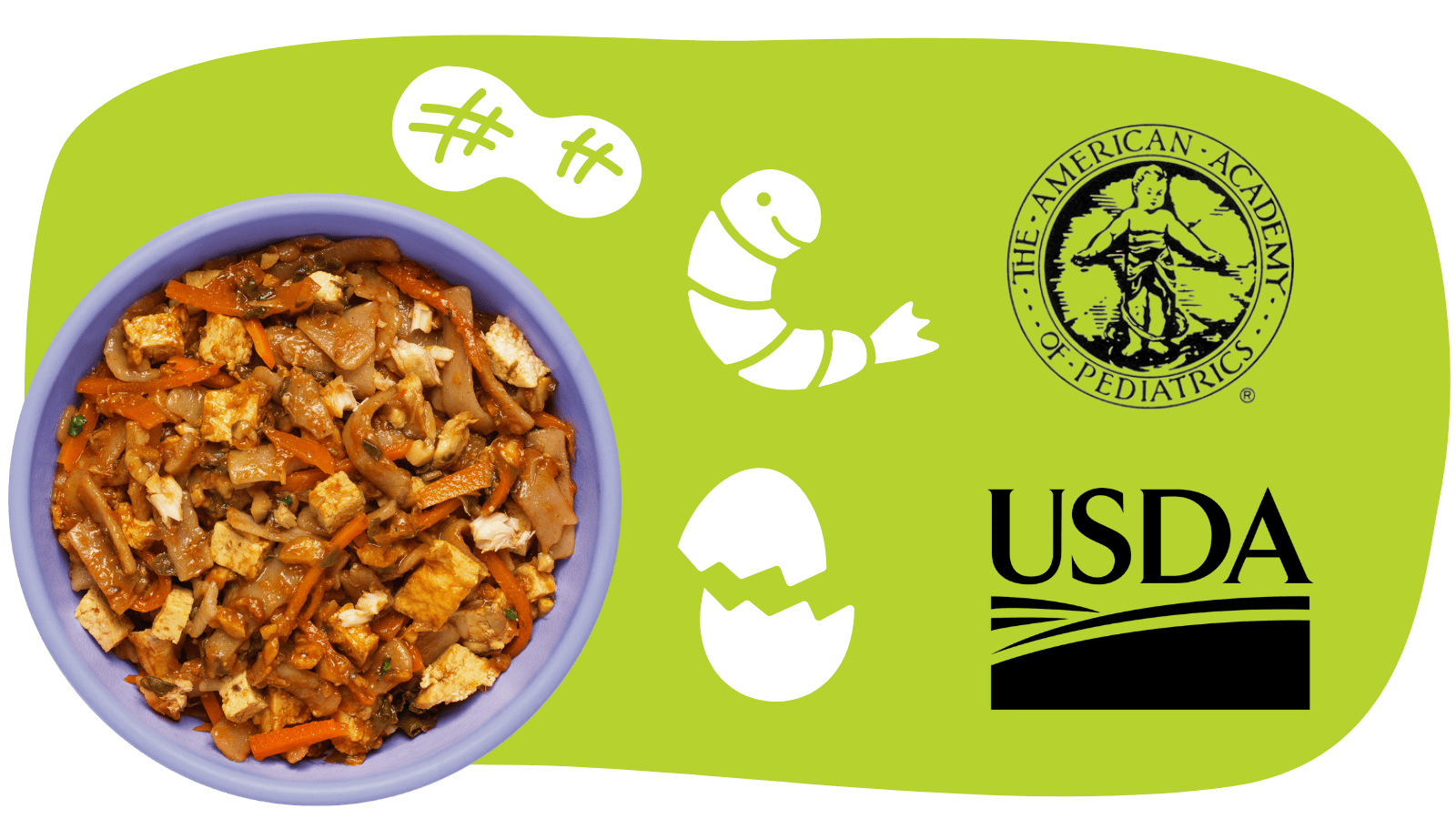 a bowl of globowl food surrounded by icons of shrimp, peanut, egg and logos for The American Academy of Pediatrics and the USDA