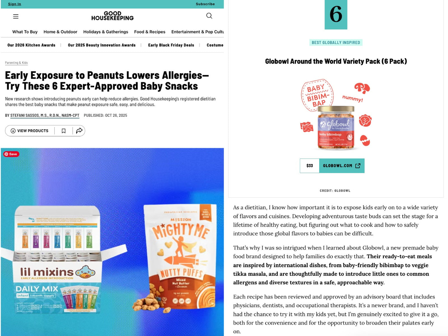 Good Housekeeping article featuring Globowl on safe early peanut introduction for babies to help reduce food allergies