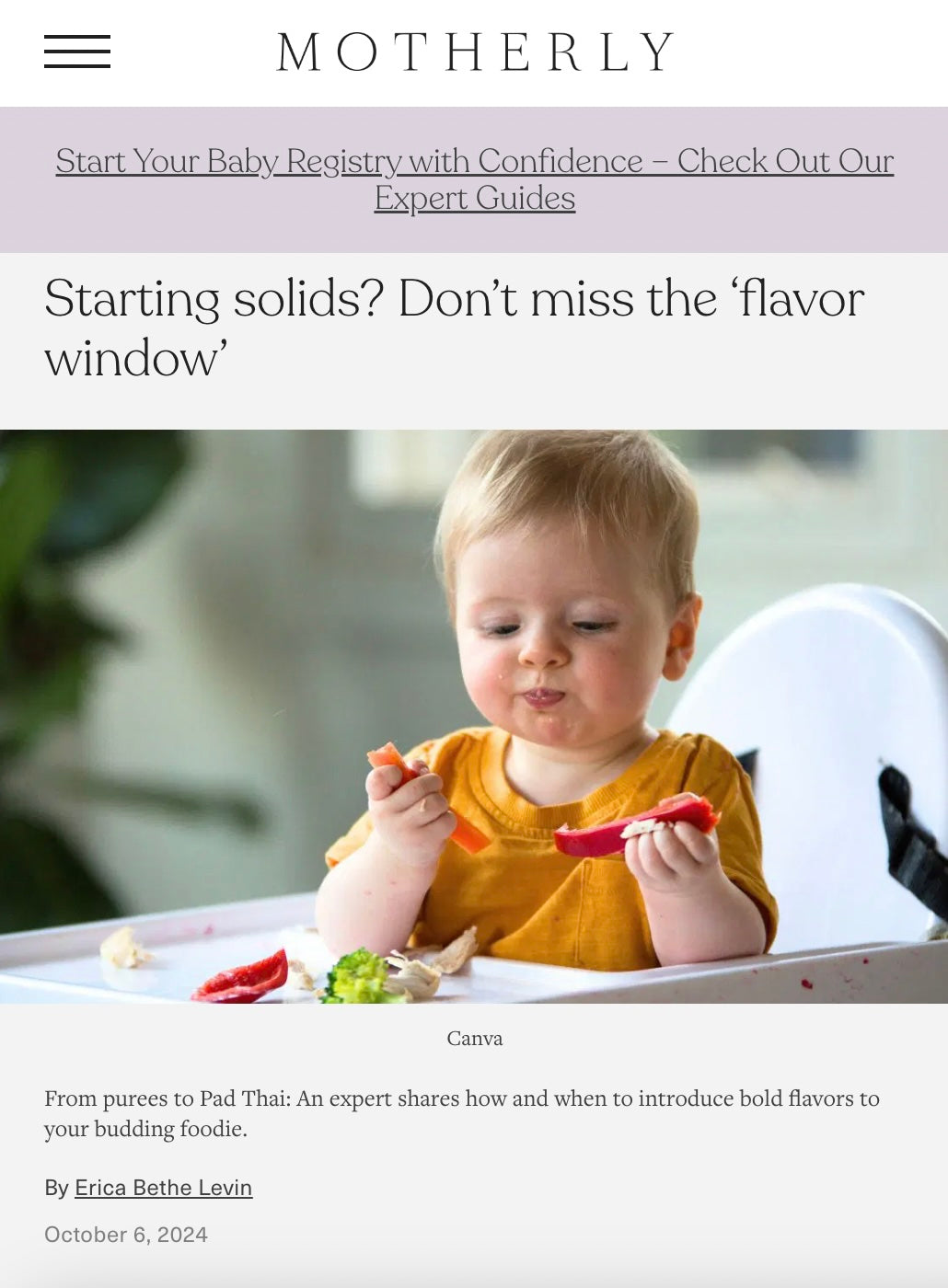 Starting Solids? Don't Miss "The Flavor Window" - Erica Bethe Levin's Article for Motherly