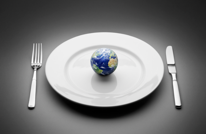 A stark white plate with a fork on the left side and knife on the right with a small globe placed in the middle of the plate