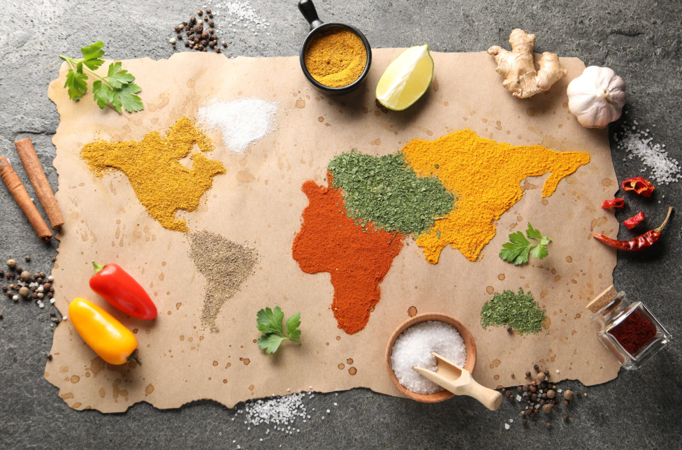 map of the world design solely in colorful spices instead of paint or pencil