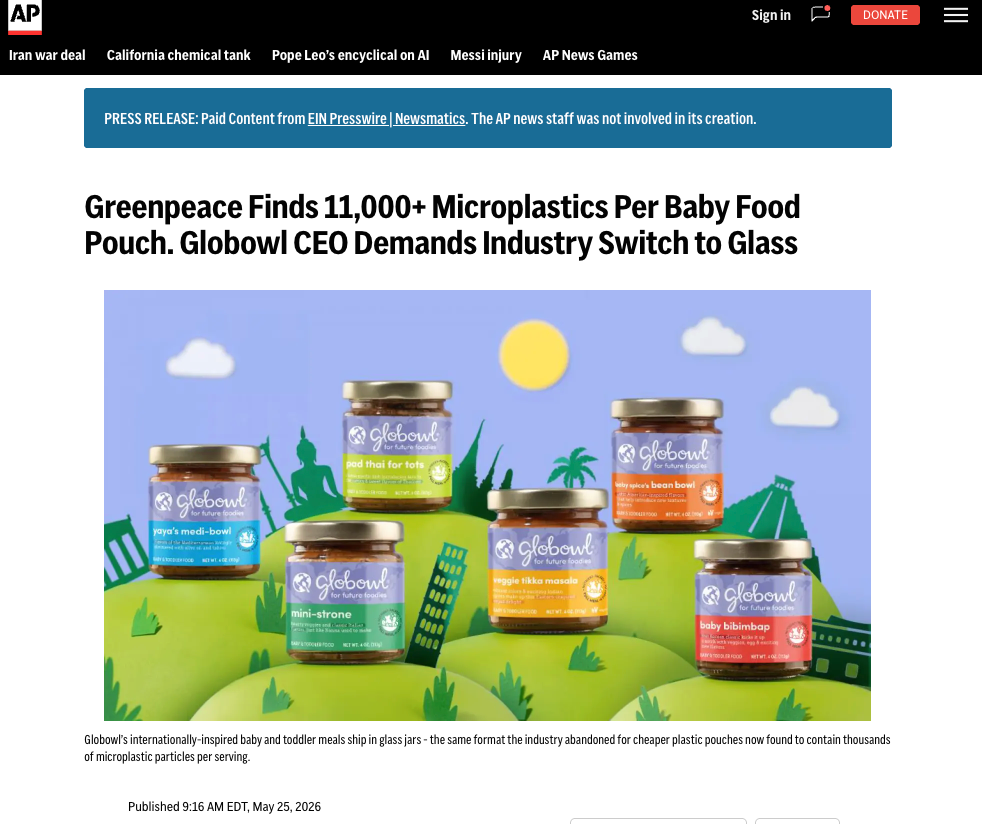 AP: Greenpeace Finds 11,000+ Microplastics Per Baby Food Pouch. Globowl CEO Demands Industry Switch to Glass