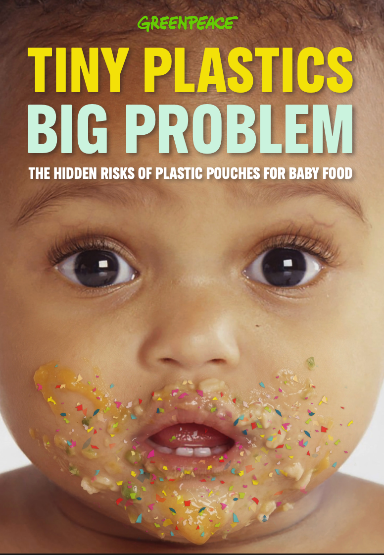 Greenpeace Tiny Plastics Big Problem report cover - baby with food on face and microplastics illustrated on skin