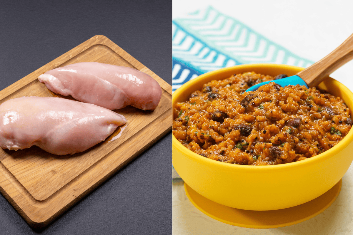 raw chicken breasts on a wooden cutting board next to a second image of a bowl of Latin-inspired baby food with vibrant colors, beans, cilantro in a bright yellow bowl with a wooden spoon