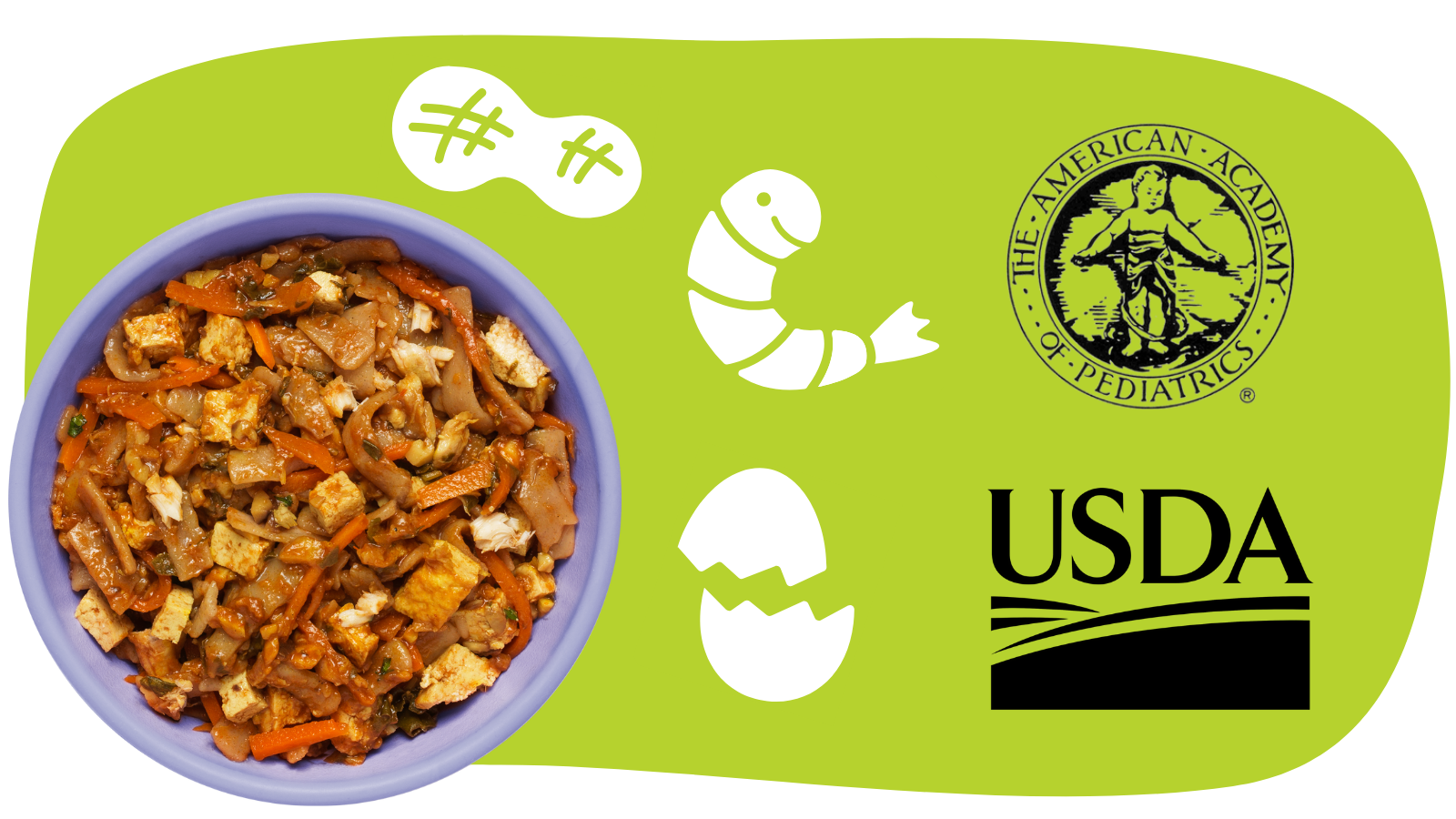 a bowl of globowl food surrounded by icons of shrimp, peanut, egg and logos for The American Academy of Pediatrics and the USDA