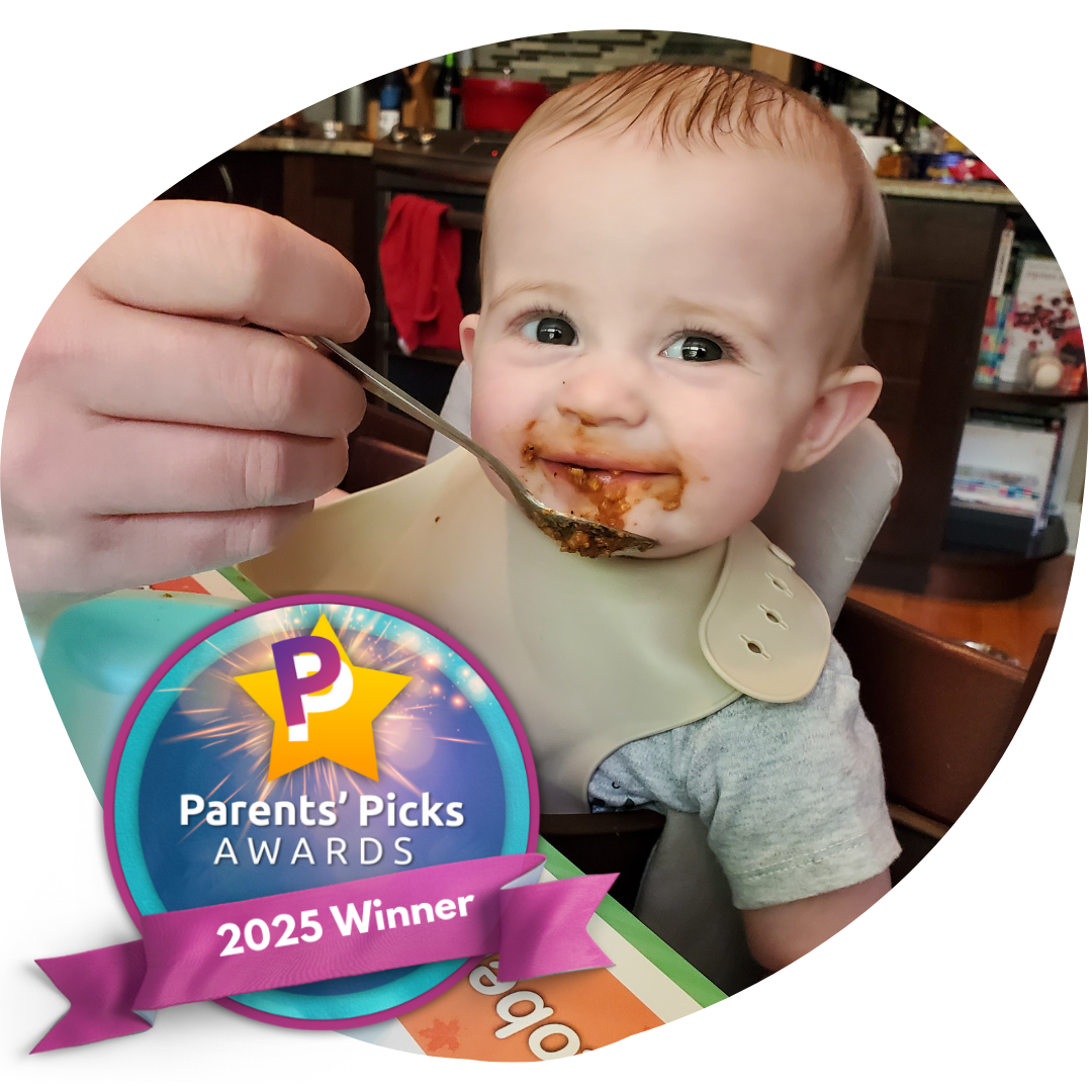 baby eating Globowl with Parents' Pick Award logo overlaid