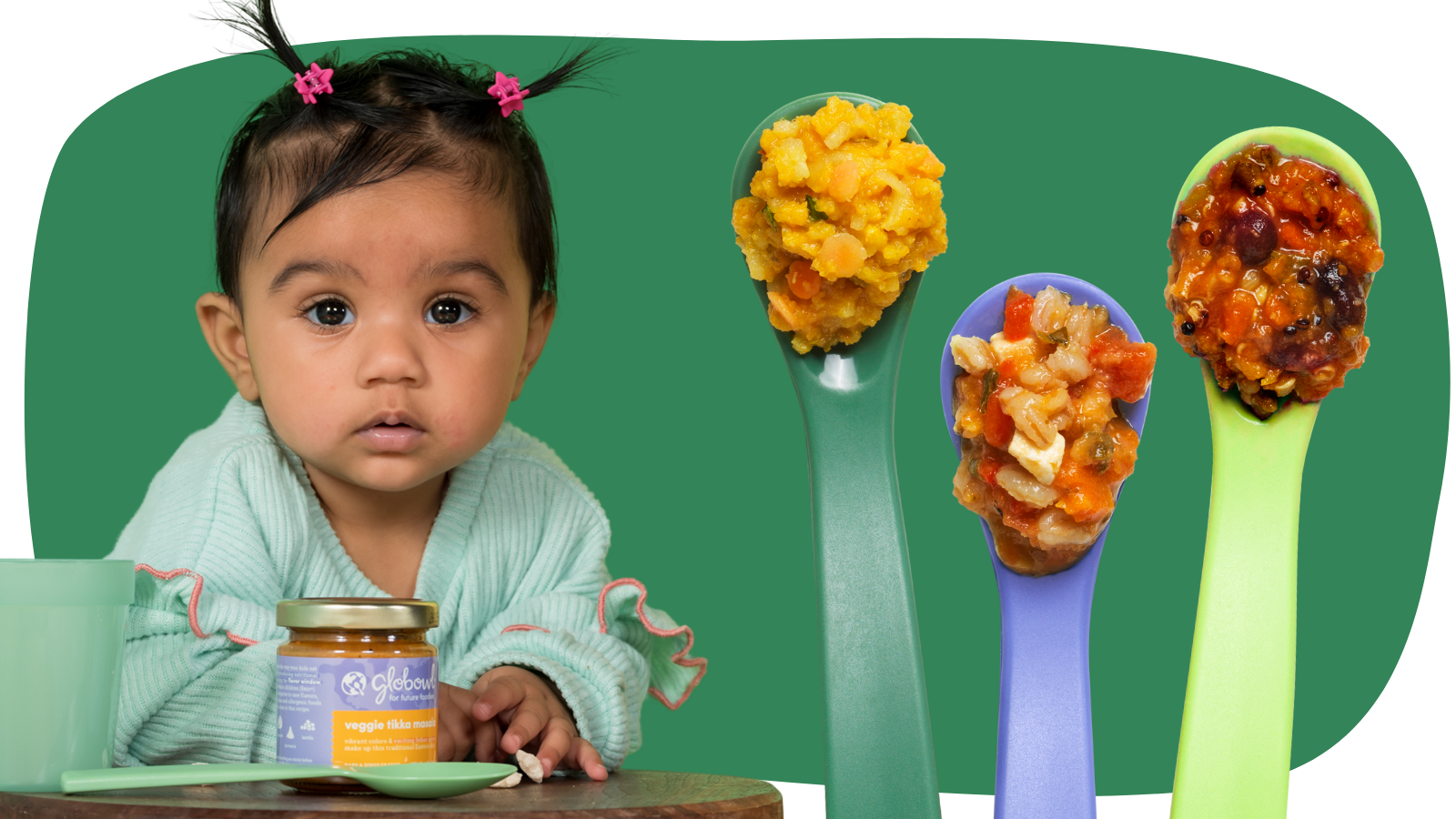 baby with food on their face next to 3 enlarged photos of Globowl baby food on colorful spoons