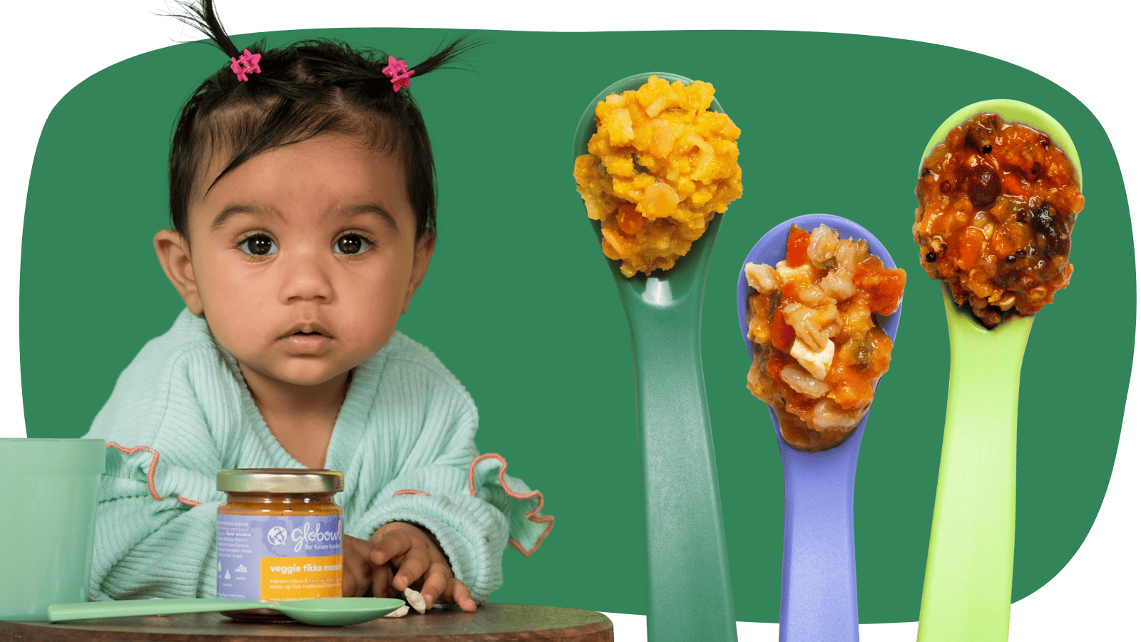 baby with food on their face next to 3 enlarged photos of Globowl baby food on colorful spoons